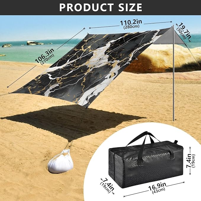 ALAZA Black Marble Gold Line Modern Beach Tent Sun Shelter UPF50+ Protection Beach Shade Canopy w/ 4 Sandbags for Outdoor Camping Fishing Backyard Fun Picnic 10x9 ft