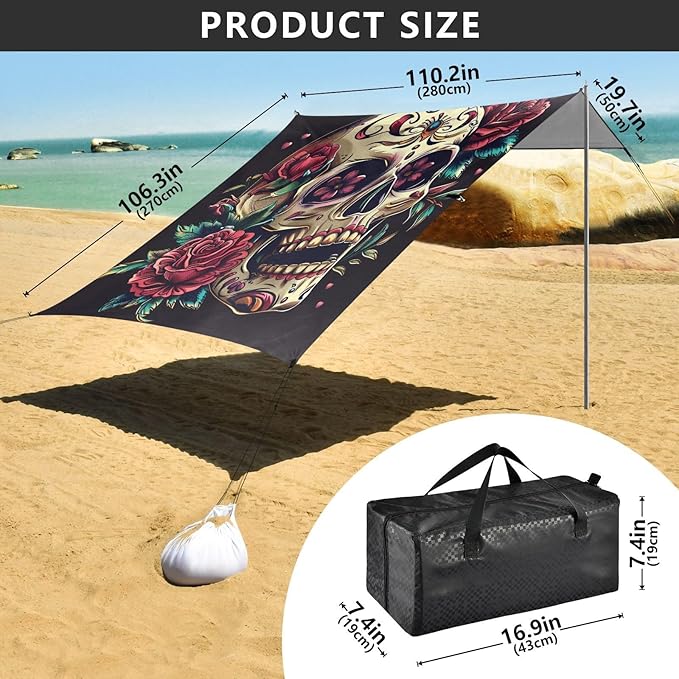 ALAZA Sugar Skull and Roses Beach Tent Sun Shelter Portable Canopy Sunshade for Outdoor Camping Picnics Backyard Fun 10x9 ft