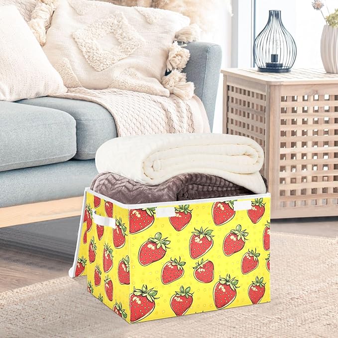 Cartoon Strawberry Storage Cube Bins Basket with Lid Collapsible Flip-top Fabric with Handle for Home Bedroom Closet Office 16.5×12.6×11.8 in