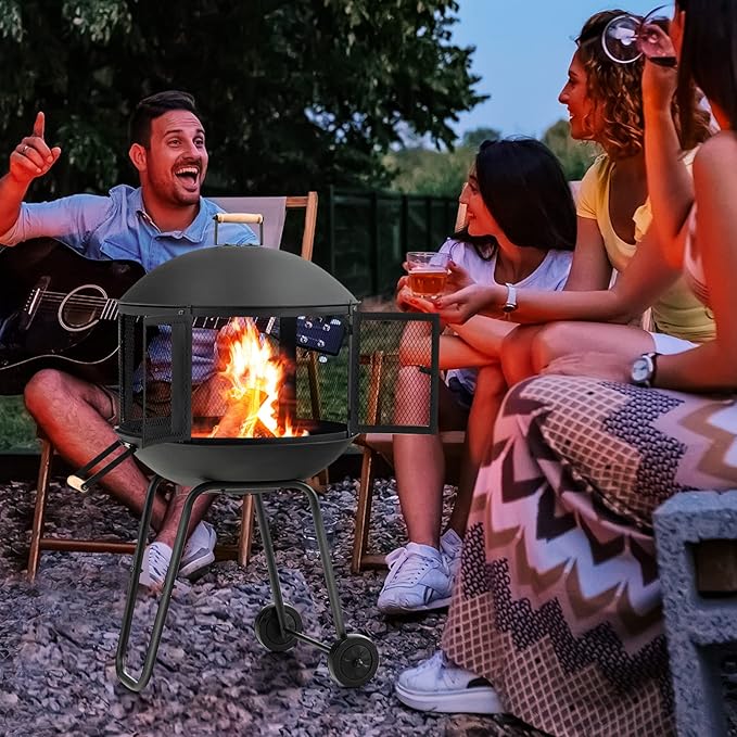 Giantex 28 Portable Fire Pit on Wheels Outdoor Mobile Wood Burning Firepit w/Log Grate Fire Poker Heavy-Duty Steel Frame &amp Solid Metal Top 2-Door Gate Rolling Fire Pits for Entertaining Camp