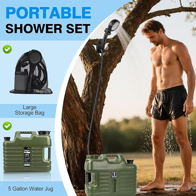 Digury Portable Camping Shower with 5 Gallon Water Jug 6000mAh Rechargeable Outdoor Camping Shower Kit IPX7 Waterproof Pump BPA Free Water Containers Camp Essentials