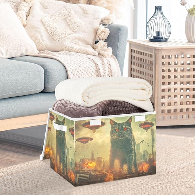 AIXIWAWA Lidded Storage Cube (Cat Monster) Fabric Foldable Closet Bins with Flip Lid and Handles Organizer Basket Container 16.5 x 12.6 x 11.8 IN