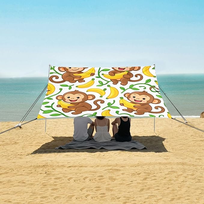 Monkeys Beach Canopy Sun Shelter with Sandbags &amp Sand Shovel &amp Windproof Ropes - Portable 110x126 Beach Shade Beach Tent for Camping Picnics