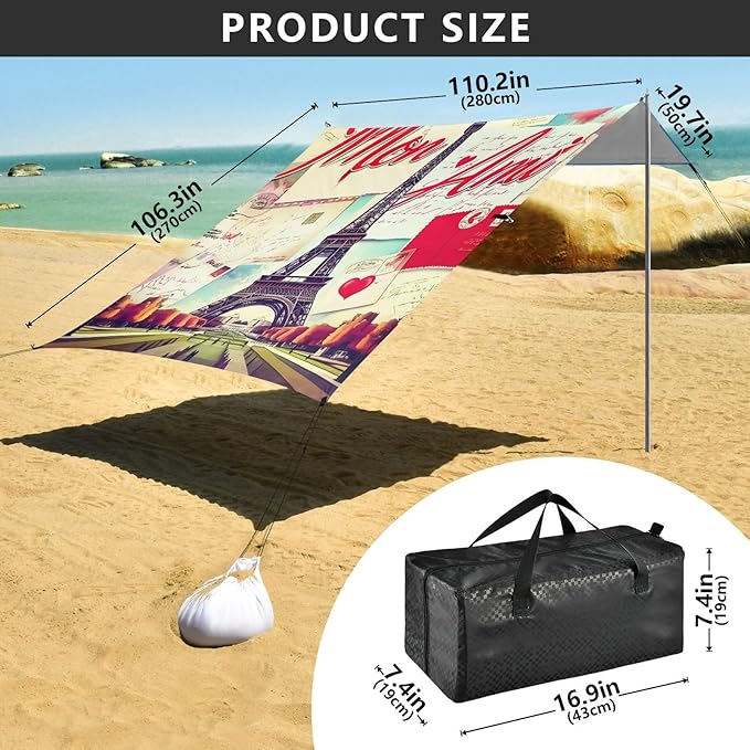 Beach Canopy with Windproof Ropes &amp Sandbags Beach Tent Sun Shade Sun Shelter for Camping Trips Fishing Backyard Fun or Picnics Eiffel Tower