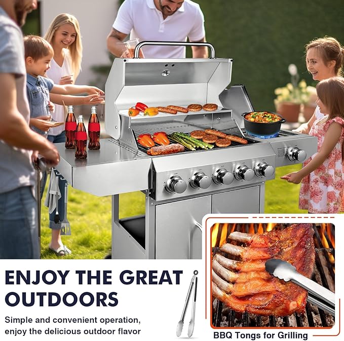 Llamaviva 5 Burner Propane Gas Grill with Side BurnerStainless Steel BBQ Grill with Porcelain-Enameled Cast Iron Grates 68000 BTU Cabinet-Style Cart Design for Outdoor Patio Barbecue- food clip