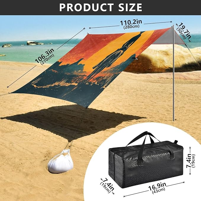 Western Cowboys Under Sunset Beach Tent Sun Shelter Set UPF50+ UV Protection 10.5 x 9.19 FT Camping Shade Canopy with Sandbags Sand Anchors Carrying Bag and Others