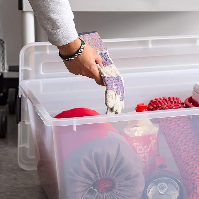 IRIS USA 91 Qt. Stackable Plastic Storage Bins with Lids 4 Pack - BPA-Free See-Through Organizing Solution Latches Durable Nestable Containers Secure Pull Handle Made in USA - Red