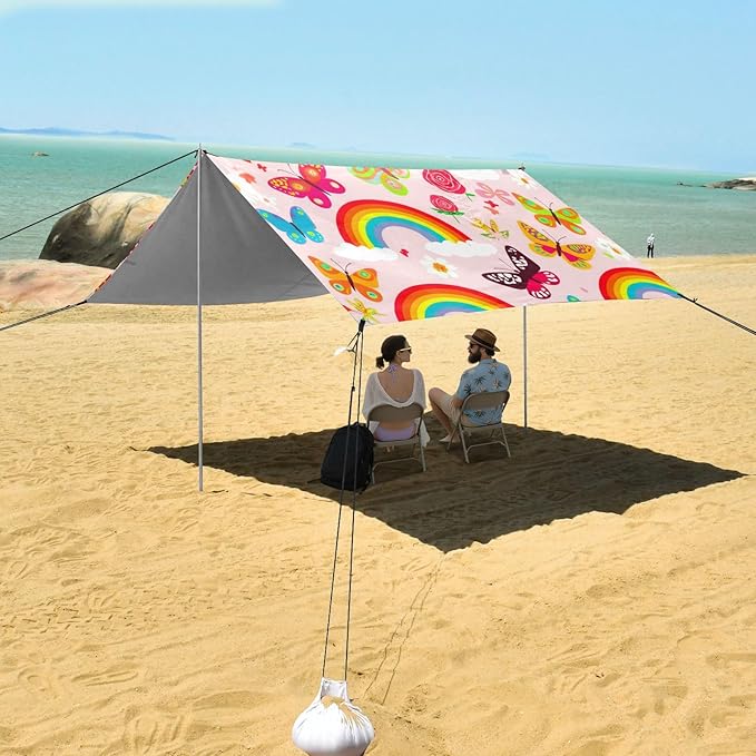 Beach Canopy with Windproof Ropes &amp Sandbags Beach Tent Sun Shade Sun Shelter for Camping Trips Fishing Backyard Fun or Picnics Butterflies