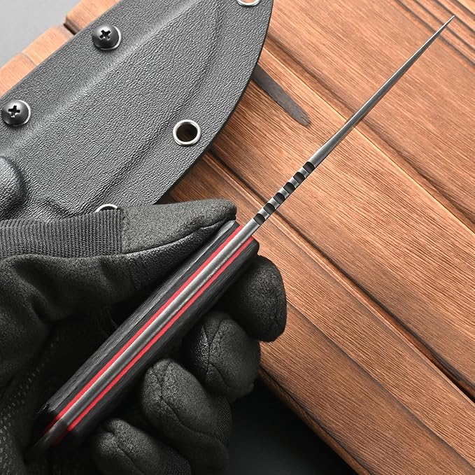 FF113 VG10 Black Stonewashed Steel Fixed Blade Knife Carbon Fiber Handle Full Tang Knife with Sheath for Outdoor Camping Hunting Working (Black)
