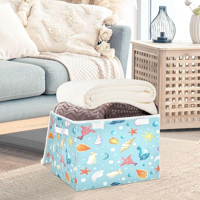 Storage Bins With Lid Stackable Fabric Closet Organizer Clothing Storage Large Boxes For Closet Shelves Bedroom Blue Marine Icons