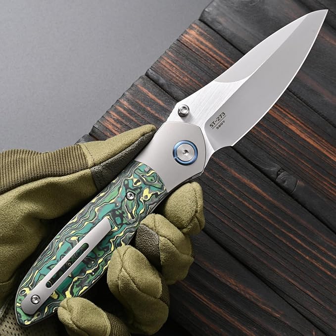 Sitivien ST273 Folding Knife S90V Steel Blade Titanium &amp Carbon Fiber Handle Knife with Pocket Clip for Outdoor Camping Hiking Survival Hunting (Green)