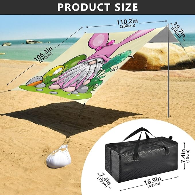 Spring Easter Gnome Beach Tent Sun Shelter Set UPF50+ UV Protection 10.5 x 9.19 FT Camping Shade Canopy with Sandbags Sand Anchors Carrying Bag and Others