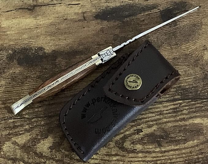 Perkin Handmade Pocket Knife with Leather Sheath - Legal Foldable Pocket Knifes for Men and Women Small EDC Lightweight Folding Knives with Laguiole Type-Gift for Unisex Adult Everyday Carry.