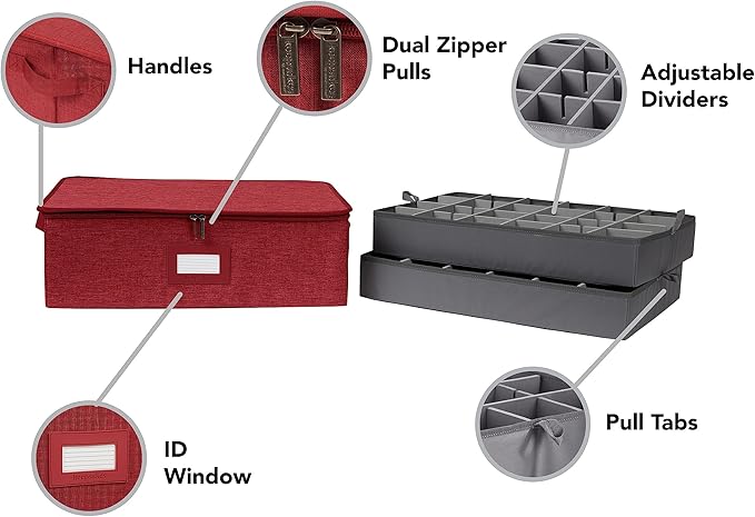 Covermates Keepsakes Adjustable Zip-Top Storage Box FlexGrid Organizer Compartments Heavy Duty Polyester Stackable Design ID Window Reinforced Handles Red Heather