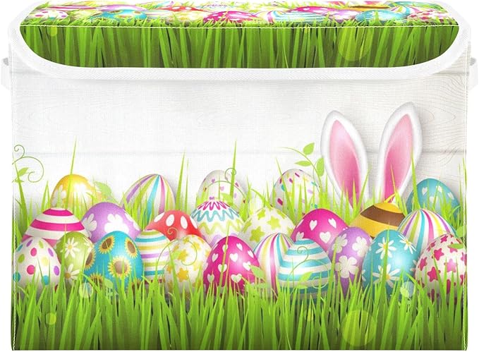 Storage Bins with Lids and HandlesEaster Eggs Grass Storage Box Storage Basket with Cover Collapsible Organizer Containers for Home Closet Shelves