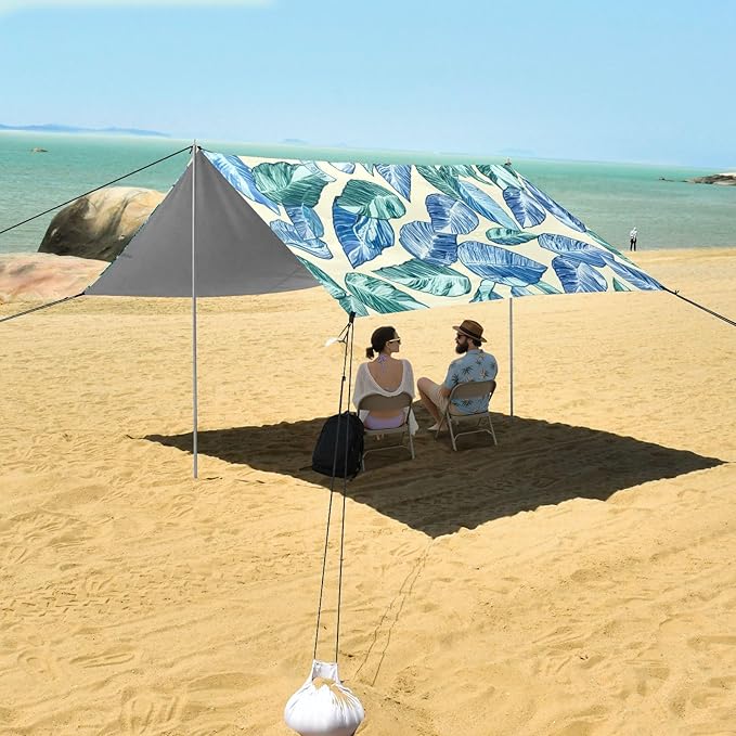 xigua Leaves Beach Tent Sun Shelter with Carrying Bag - Silver Coated Oxford Fabric Beach Canopy for Beach Camping Fishing - Includes Windproof Ropes Sandbags &amp Stakes