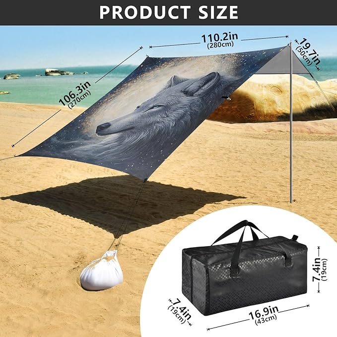 ALAZA White Wolf Moon Beach Tent Sun Shelter Portable Canopy Sunshade for Outdoor Camping Picnics Backyard Fun 10x9 ft