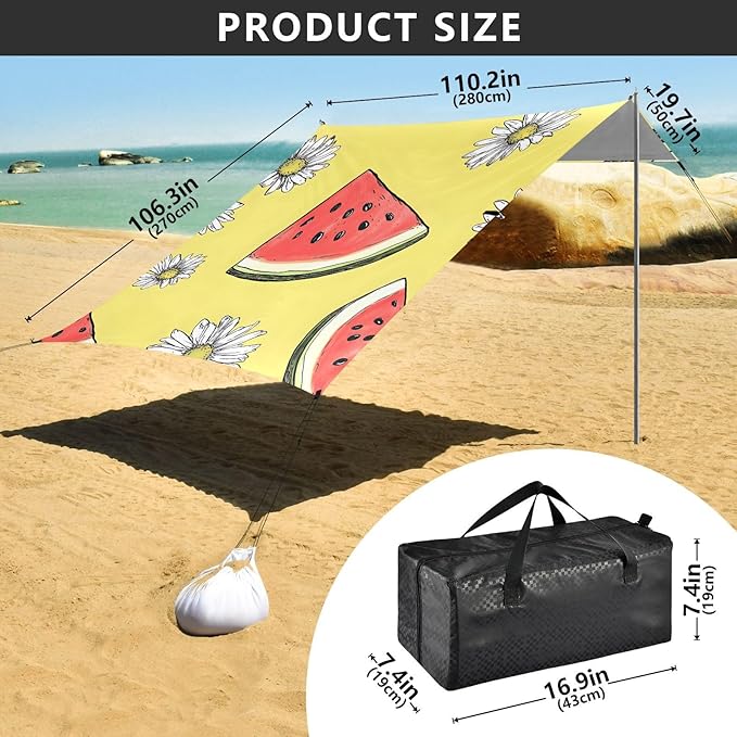 ALAZA Watermelon White Chrysanthemum Pattern Beach Tent Sun Shelter Portable Canopy Sunshade for Outdoor Camping Picnics Backyard Fun 10x9 ft
