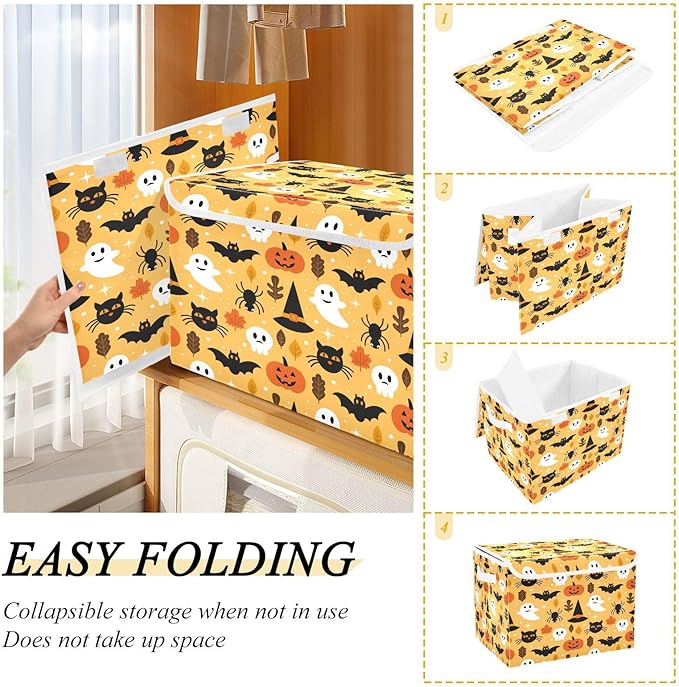 Large Collapsible Storage Bins with Lids Halloween Spooky Skull Pumpkin Black Cat Storage Baskets Organizer Containers with Handles for Nursery Clothes Toys