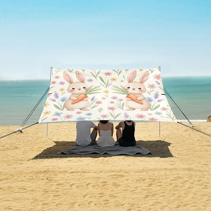 Bunny Beach Canopy Sun Shelter with Sandbags &amp Sand Shovel &amp Windproof Ropes - Portable 110x126 Beach Shade Beach Tent for Camping Picnics