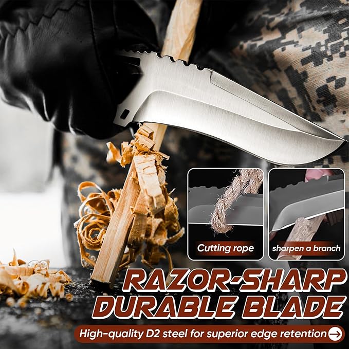 Purple Dragon Outdoor Knife with Kydex Sheath - D2 Steel Survival Knives for Camping Bushcraft - Ergonomic G10 Handle Outdoor Survival Gear Christmas Gift for Men and Women