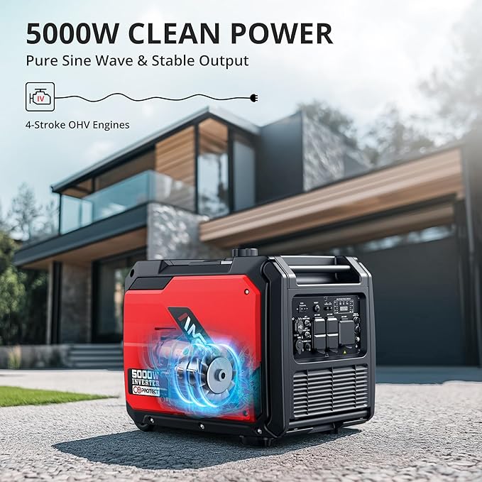 AMERISUN 5000W Portable Inverter Generator 223cc 4-Stroke Engine 10H Runtime CO Sensor Parallel Ready 120V/12V/USB Outlets EPA Compliant Super Quiet For RV Camping &amp Home Backup