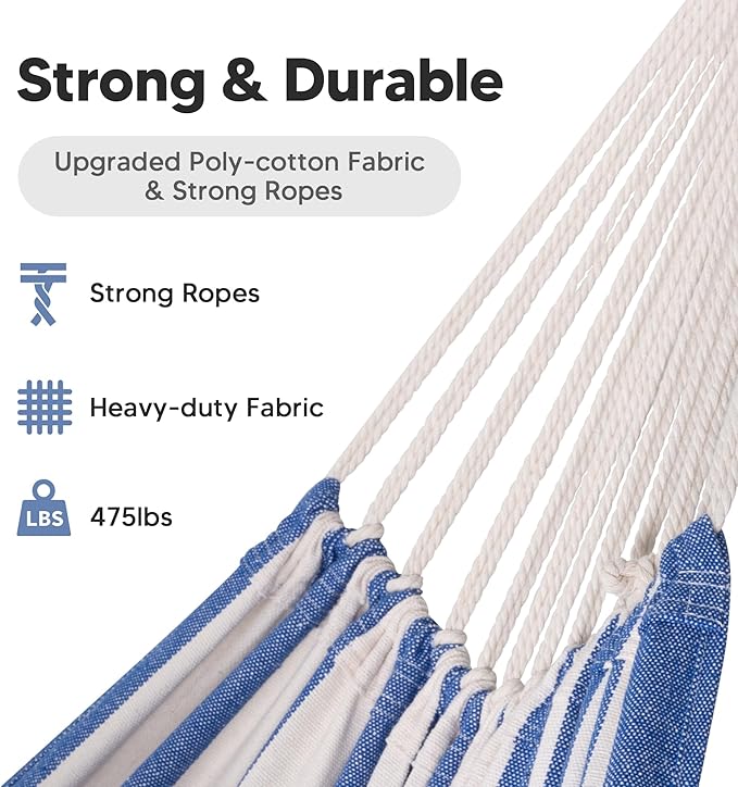 SUNCREAT Large Hammocks for Outside Long Replacement Hammock Two Person for Stand Blue White Stripes