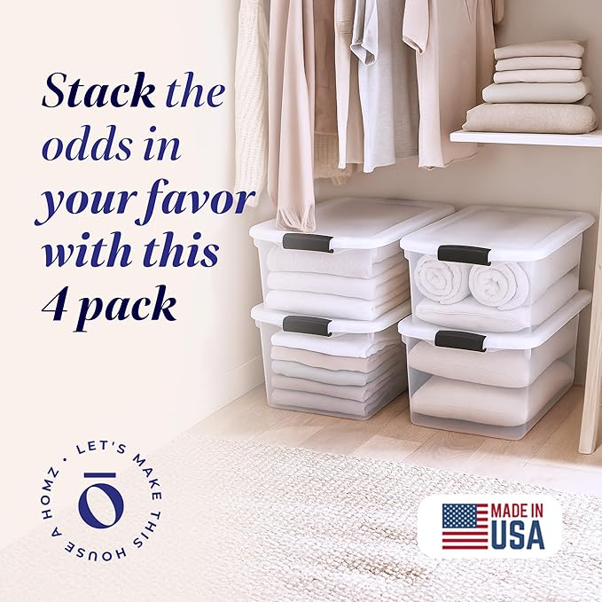 HOMZ 4-Pack Secure Latch Clear Plastic Storage Organizer Bins 66 Quart Gray Latches - Stackable Container Boxes for Bedroom Bathroom Garage and Office Organization