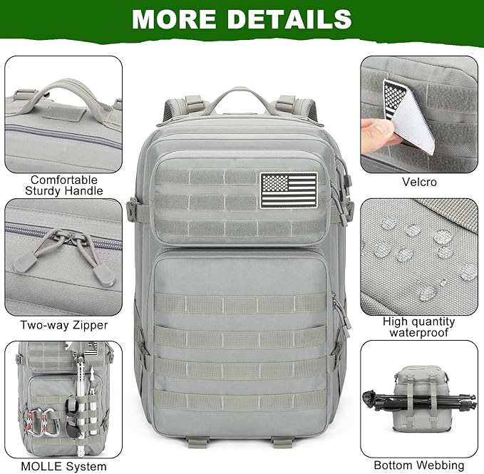 Tactical Backpack 45L Army Military Rucksack Water Resistant MOLLE Pack Large 3 Day Bug Out Bag for Men &amp Women Durable Outdoor Gear for Hiking Camping Hunting Travel (Grey)