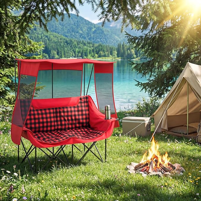 Teenyyou Double Camping Chair with Canopy Shade 660lbs Heavy Duty Beach Chair Portable Folding 2 Person Camping Loveseat with Cup Holder and Storage Bag for Lawn Beach Outdoor Sport(Red Plaid)