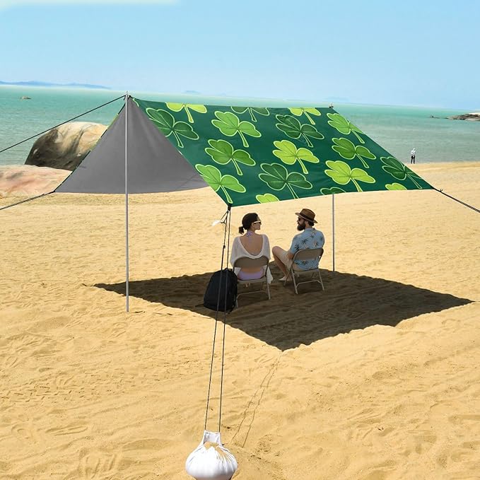 Beach Canopy with Windproof Ropes &amp Sandbags Beach Tent Sun Shade Sun Shelter for Camping Trips Fishing Backyard Fun or Picnics St. Patrick's Day Clover