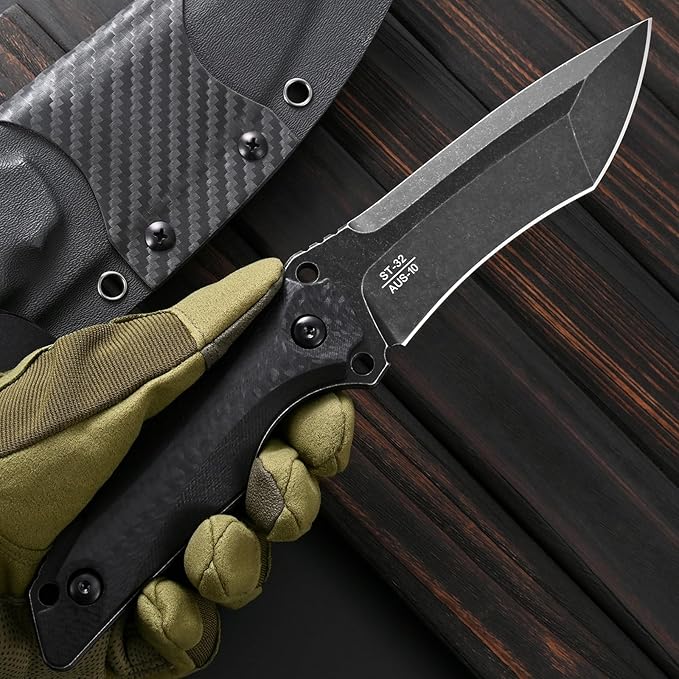 Sitivien ST32 Fixed Blade Knife AUS-10 Black Stonewashed Steel Carbon Fiber Handle Full Tang Knife for Outdoor Working Camping Hunting Fishing(Black)