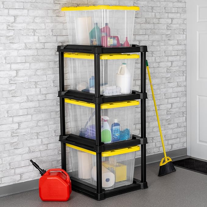 Sterilite 4 Tier Tote Rack Vertical Plastic Organizer with 4 Pack 27 Gallon Industrial Storage Totes Clear - for Garages Workshops or Basements