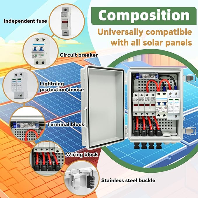 4 String Solar Combiner Box IP65 Waterproof PV Combiner Box for On/Off Grid Solar Systemwith Lightning Arrester 15A Rated Current Fuse &amp 63A Circuit Breaker(Plastic)