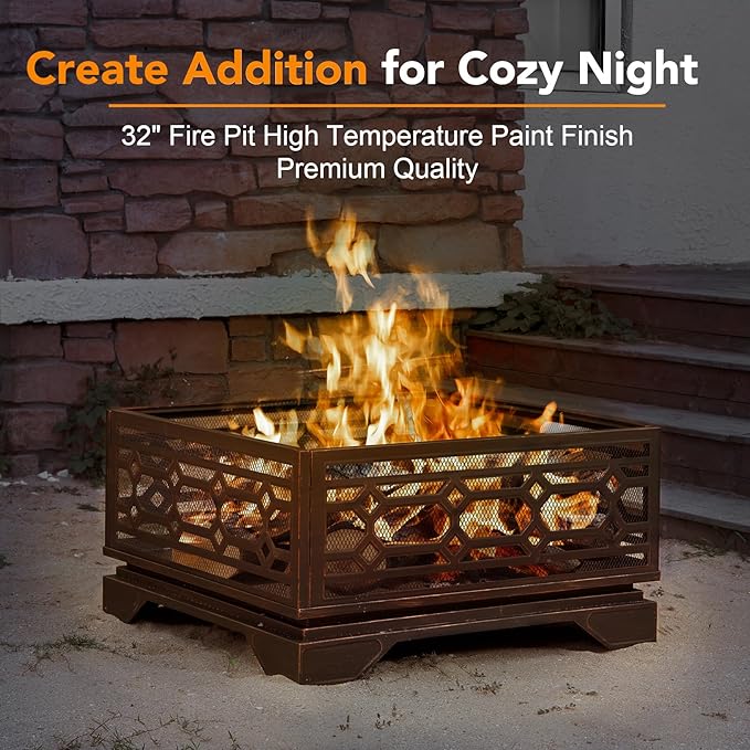 Florise Outdoor Fire Pit 32 Inch Wood Burning Firepit for Outside with Mesh Cover &amp Fire Poker Large Square Metal Fireplace for Patio Backyard Garden Bonfire Party