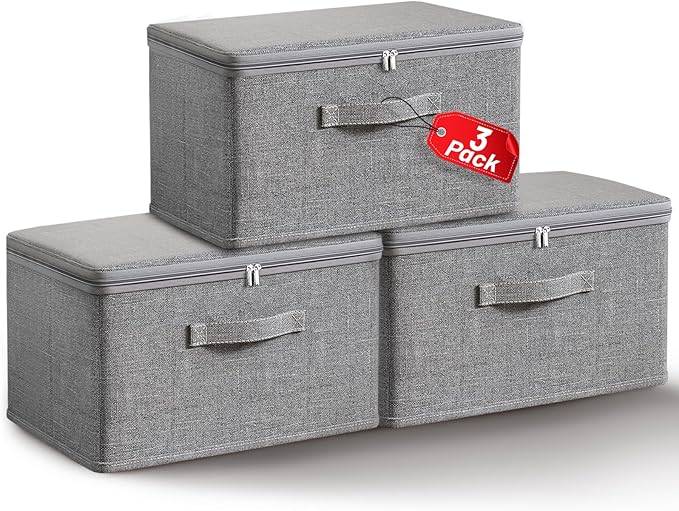 Collapsible Storage Bins for Home OrganizationGrey storage Bins Waterproof Fabric Foldable Organizer Boxes [3 Pack] 19.29in x 14.57in x 12.2in (49CM x 37CM x 31CM)
