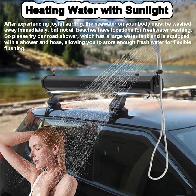 Portable Camping Shower Roof Rack Mount Road Shower Solar Heating Pressurized Water Tank Camping Shower Water Storage for Hiking Car Wash Beach Vacation20L/5.28gal