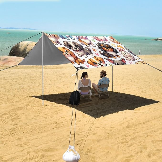 ALAZA Cute Rainbow Dogs Puppy Beach Tent Sun Shelter UPF50+ Protection Beach Shade Canopy w/ 4 Sandbags for Outdoor Camping Fishing Backyard Fun Picnic 10x9 ft