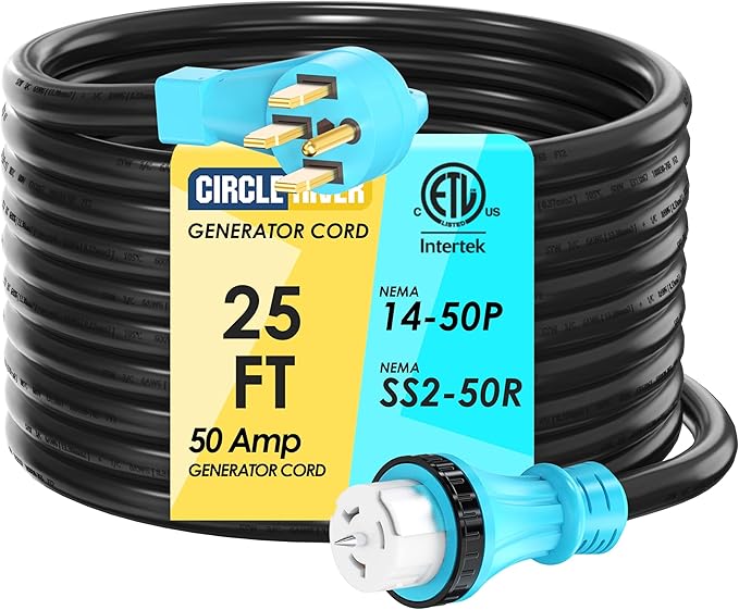 50 Amp 25 Feet Generator Extension Cord NEMA 14-50P Male to SS2-50R &amp CS6364 STW 6/3+8/1 AWG 125/250V Generator Power Cord Twist Lock Connectors for Generator to House