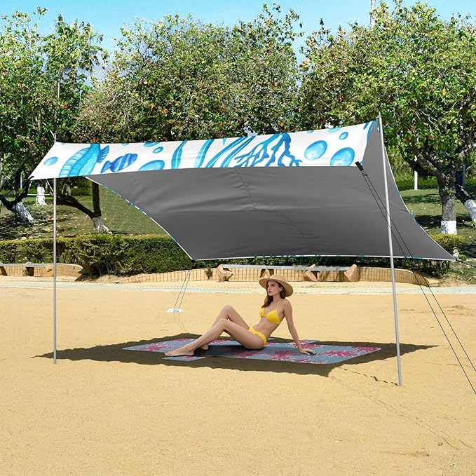 Beach Canopy with Windproof Ropes &amp Sandbags Beach Tent Sun Shade Sun Shelter for Camping Trips Fishing Backyard Fun or Picnics Seahorses