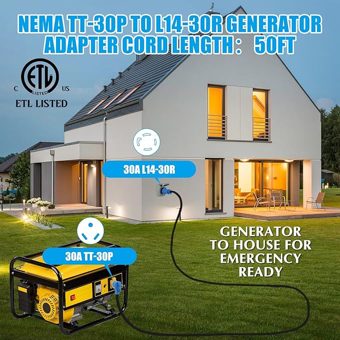 Tellegloww 25 ft TT-30P to L14-30R Generator Transfer Switch Adapter Cord 30 Amp TT-30P Male to L14-30R Female with Locking Ring Generator to House Inlet Box Adapter STW 10 AWG ETL Listed