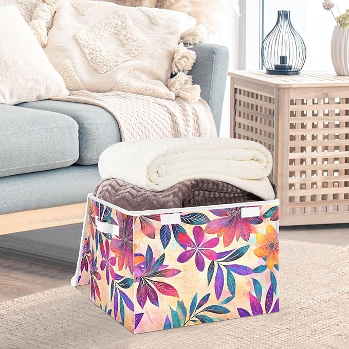 Storage Cube with Lid Pattern Floral Print 16.5×12.6×11.8 IN Collapsible Large Capacity Foldable Storage Basket Bin Organizer