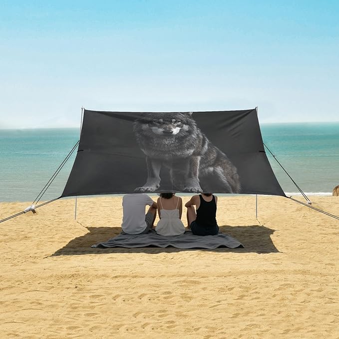 ALAZA Cool Wolf Beach Tent Sun Shelter UPF50+ Protection Beach Shade Canopy w/ 4 Sandbags for Outdoor Camping Fishing Backyard Fun Picnic 10x9 ft