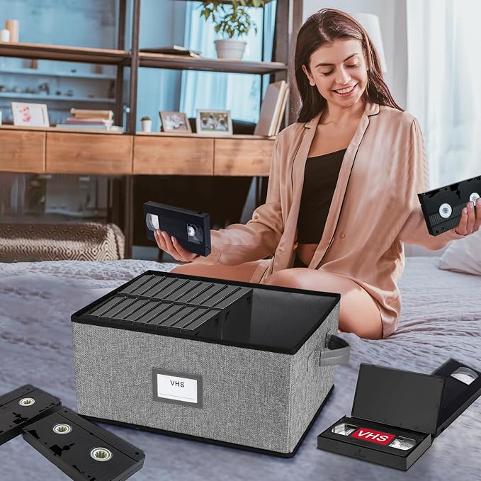 Lukeline VHS Storage Box with Lid Large Capacity VHS Storage Case Holds 50 Tapes Stackable VHS Holder Storage Containers for Living Room Bedroom Study Room2-Pack