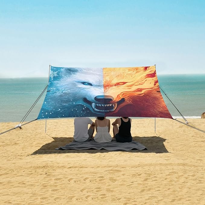 ALAZA Ice Fire Wolf Beach Tent Sun Shelter Portable Canopy Sunshade for Outdoor Camping Picnics Backyard Fun 10x9 ft