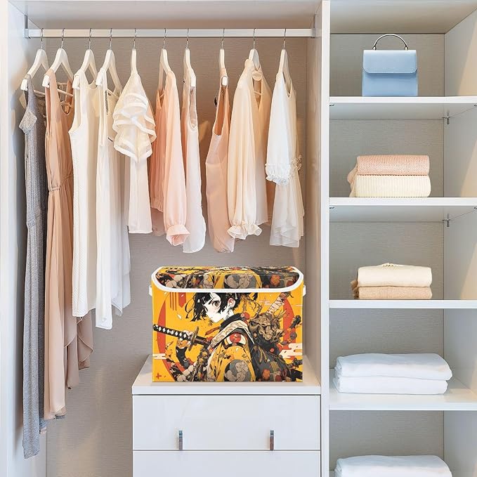 Anime Samurai Yellow Storage Cube Bins Basket with Lid Collapsible Flip-top Fabric with Handle for Home Bedroom Closet Office 16.5×12.6×11.8 in