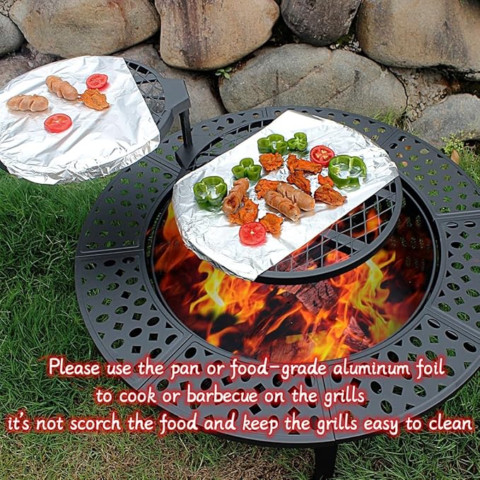 OutVue 36 Inch Fire Pit with 2 Grills Wood Burning Fire Pits for Outside with Lid Poker and Round Waterproof Cover BBQ&amp Outdoor Firepit &amp Round Metal Table 3 in 1 for Patio Picnic Party