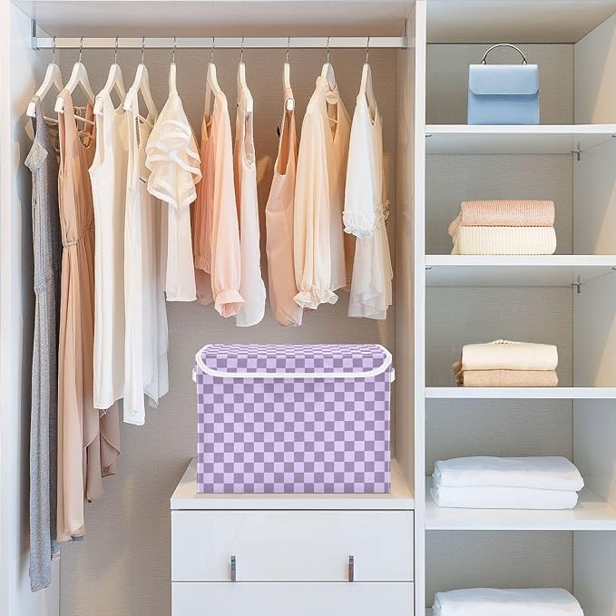 Purple Grey Checkerboard Storage Baskets Lidded Bin Foldable Storage Boxes Cubes Lids with 2 Handles for Organizing Closet Home Office