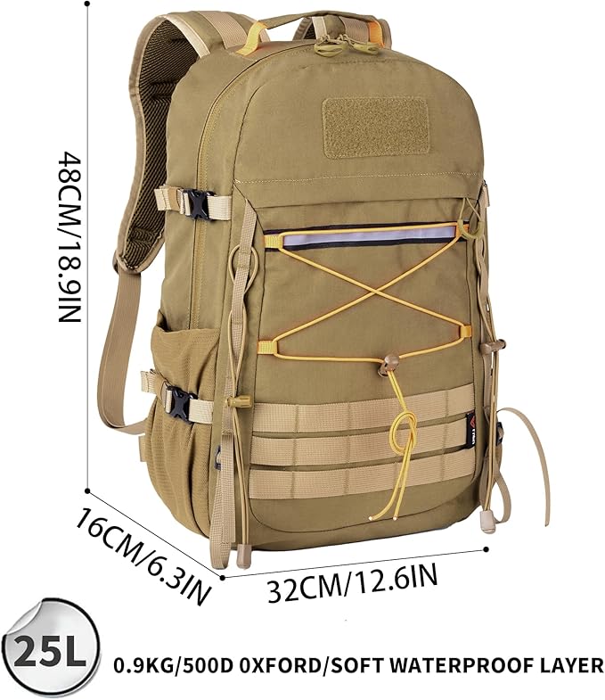25L Outdoor Tactical Backpack Men's Assault Pack Backpack laptop backpack Waterproof Travel Backpack (Khaki)