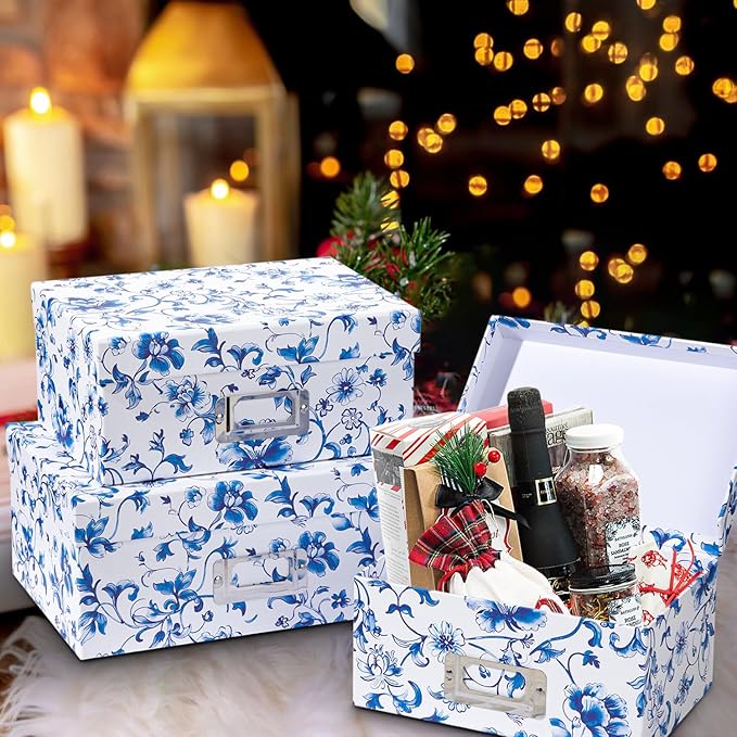 Briful Blue and White Porcelain Storage Boxes with Lids Set of 4 – Chinoiserie Nested Card Photo Storage Box Organizer Decorative Paperboard Box for Closet Office GiftsCosmeticBooks